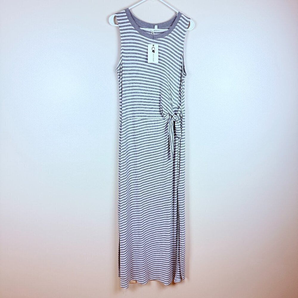 NWT C·G Striped Tie-Waist Super Soft Tank Maxi Dress – Grey/White, Size M
